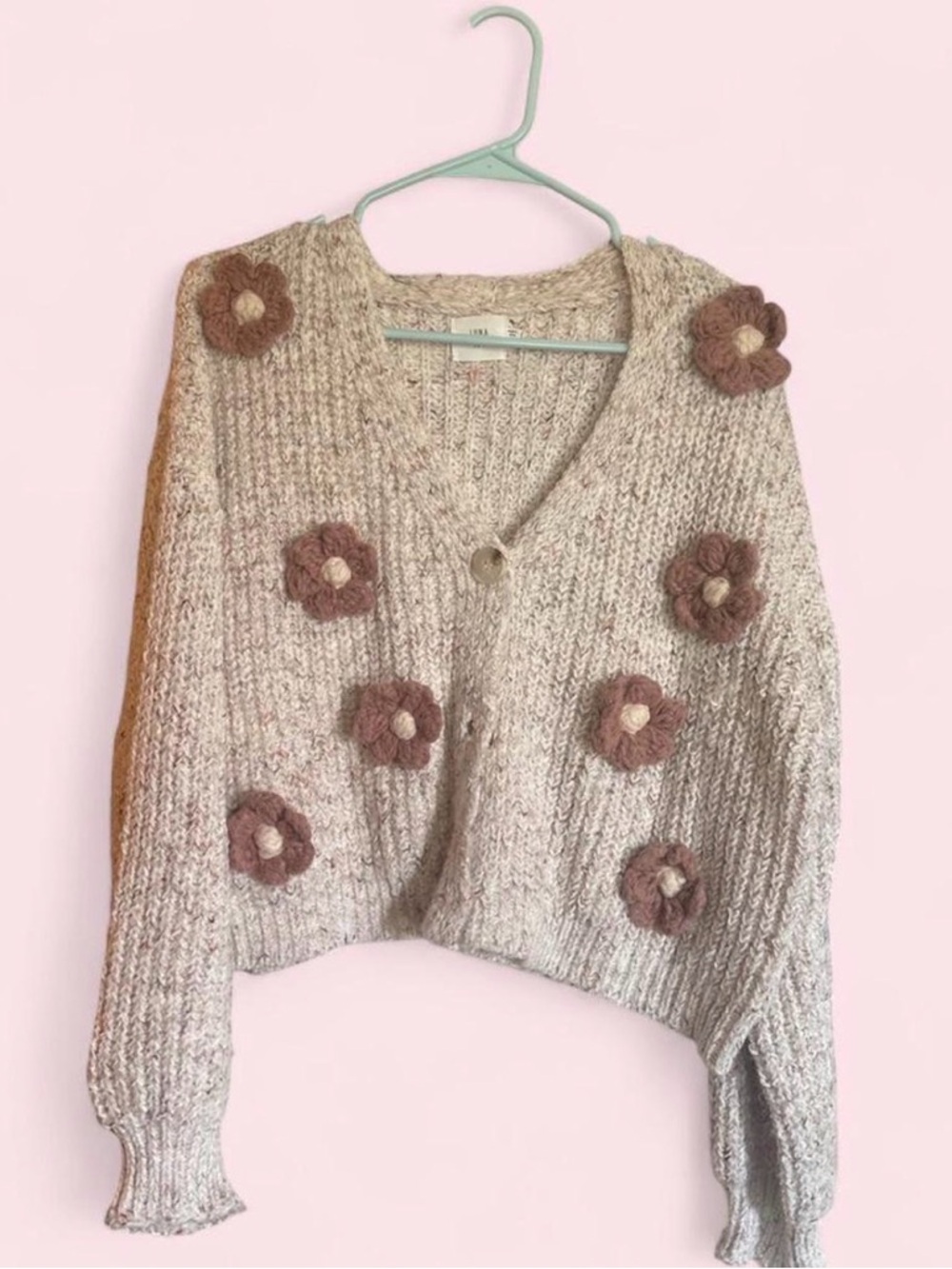 Cozy Floral Applique Cropped Cardigan Sweater - Cream with Brown Flowers